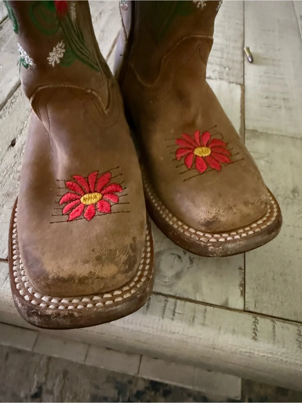 Kids Brown Western Boots with Red Floral Embroidery